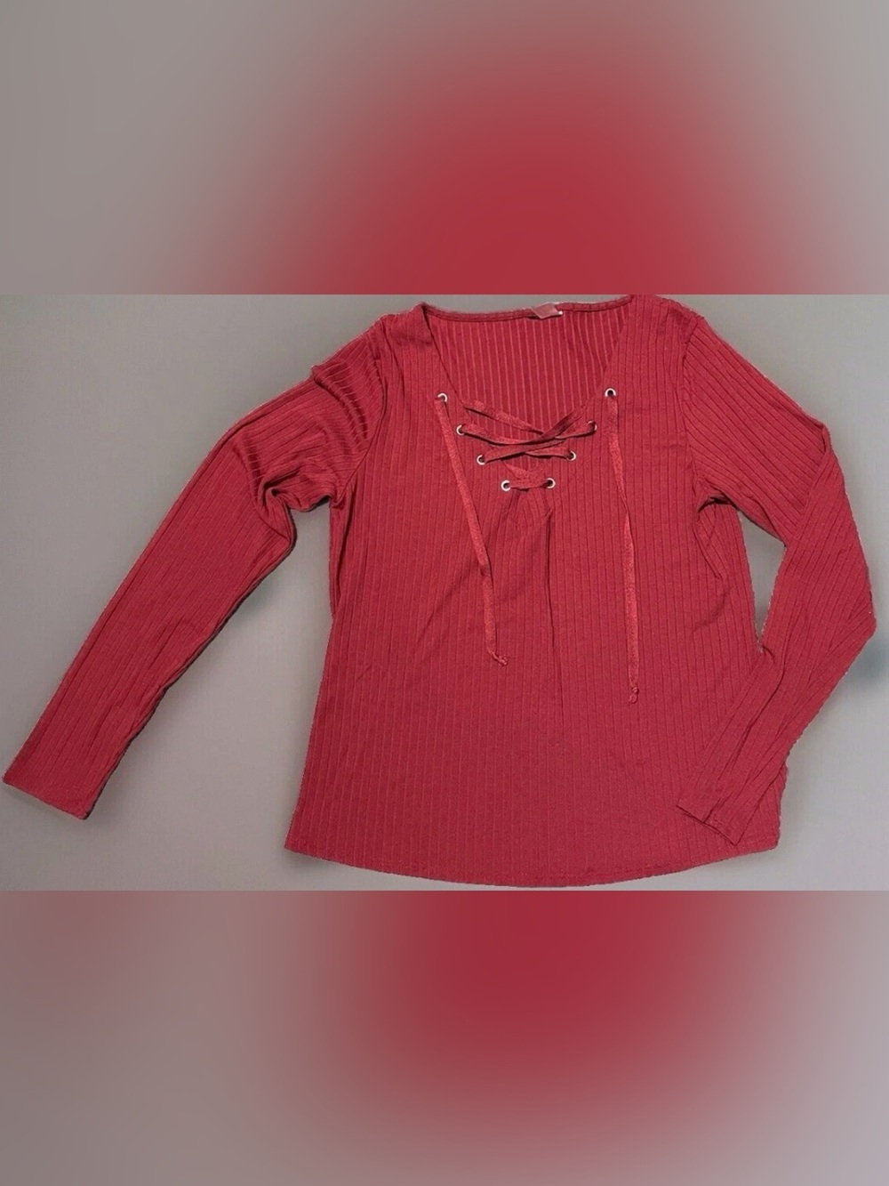 Divided Ribbed Lace-Up Long Sleeve Top - Red